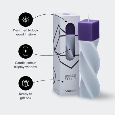 Large Pillar Candle - 23 cm. height | Tall geometric candles | Novelty candle | Aesthetic Candles | Top: Cube shape | Colour: Grey - Purple