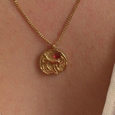 Collana astrologica in acciaio con medaglione Capricorno e Granato