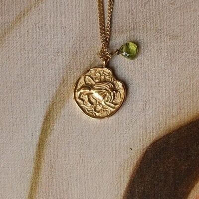 Steel astrology necklace Leo and Peridot medallion