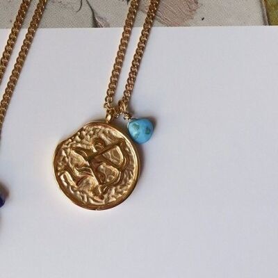 Steel astrology necklace with Sagittarius and Turquoise medallion
