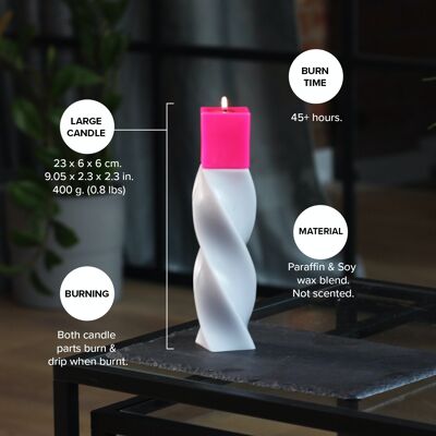 Large Pillar Candle - 23 cm. height | Tall geometric candles | Novelty candle | Aesthetic Candles | Top: Cube shape | Colour: Grey - Pink