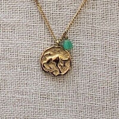 Steel astrology necklace Taurus and Chrysoprase medallion