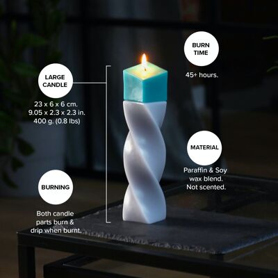 Large Pillar Candle - 23 cm. height | Tall geometric candles | Novelty candle | Aesthetic Candles | Top: Tilt shape | Colour: Grey - Turquoise