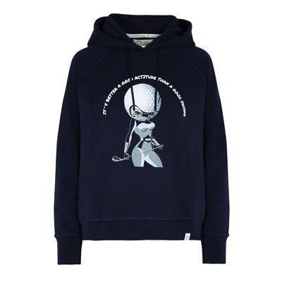 Warrior Women Hoodie model in Navy color and 100% organic cotton
