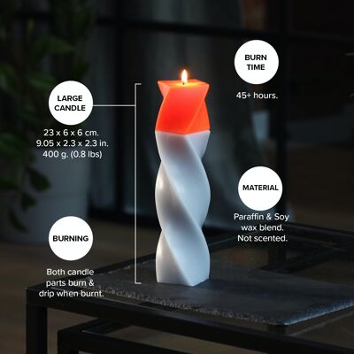 Large Pillar Candle - 23 cm. height | Tall geometric candles | Novelty candle | Aesthetic Candles | Top: Spiral shape | Colour: Grey - Orange