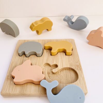 Silicone and wood puzzle toy I Stacking toy for children and babies I Educational and awakening game I Baby bear gift idea