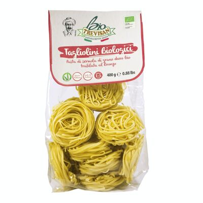 TAGLIOLINI BIOLOGICI DI GRANO DURO A NIDO. 100% GRANO DURO ITALIANO TRAFILATI AL BRONZO. ESSICCATI A BASSA TEMPERATURA. G.400