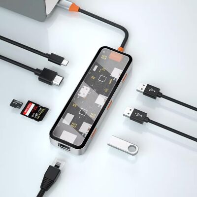 Hub USB-C transparente a HDMI 4K/3 USB-A -/1 USB-C + 2 SD-TS+RJ45