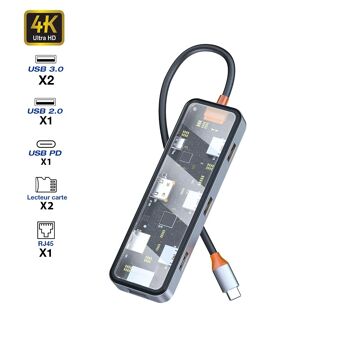 Hub USB-C transparent vers HDMI 4K/3 USB-A -/1 USB-C + 2 SD-TS+RJ45 2