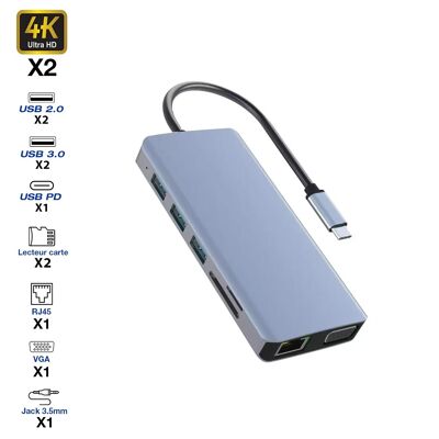 Concentrador USB-C a 2 4K HDMI/4 USB-A/1 USB-C/2 SD-TS/RJ45/VGA/conector