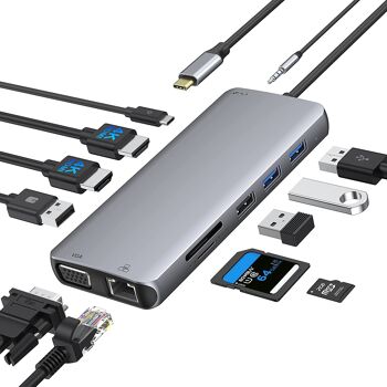 Hub USB-C vers 2 HDMI 4K/4 USB-A/1 USB-C/2 SD-TS/RJ45/VGA/jack 2