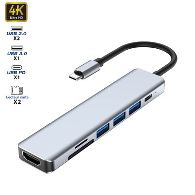 Hub USB-C vers HDMI 4K / 3 USB-A -/1 USB-C + 2 lecteurs carte