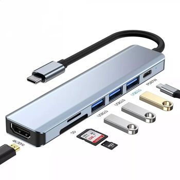 Hub USB-C vers HDMI 4K / 3 USB-A -/1 USB-C + 2 lecteurs carte 2