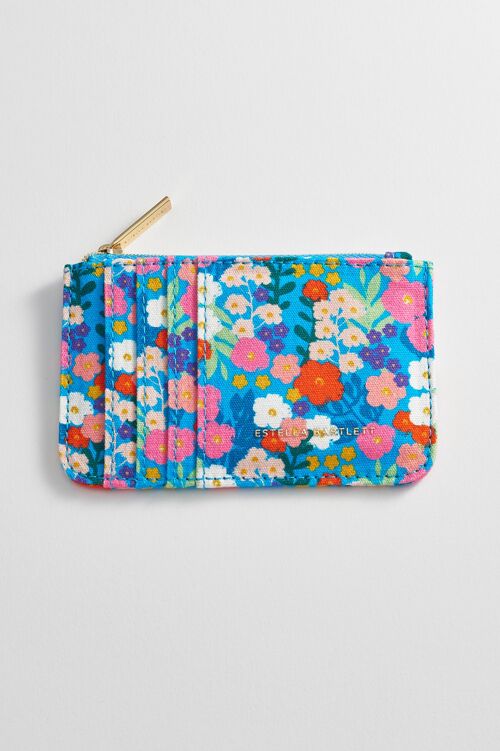 Card Purse - Bright Blue Floral Print Cotton Canvas