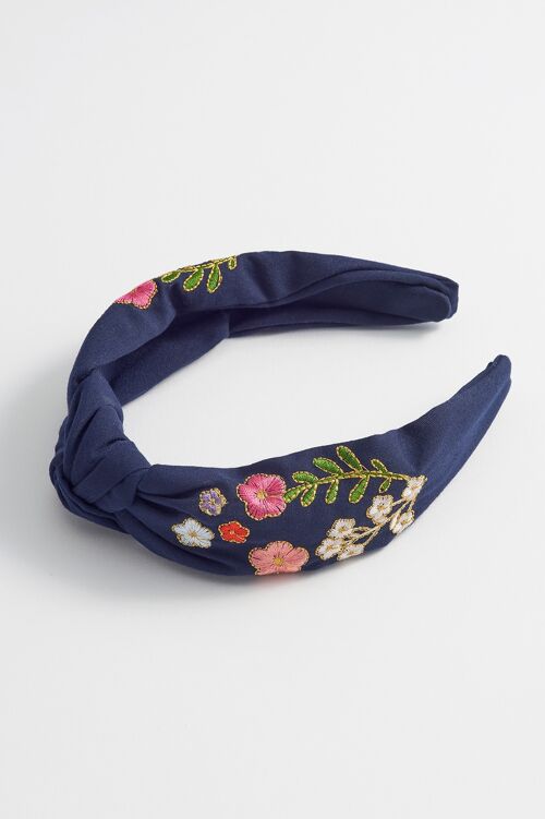 Knotted Headband - Navy Embroidered