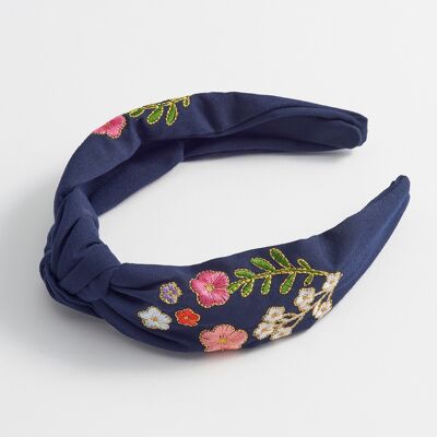 Knotted Headband - Navy Embroidered