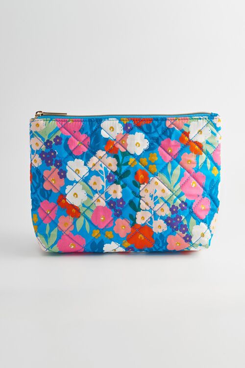 Medium Wash Bag - Bright Blue Floral Print Cotton Canvas