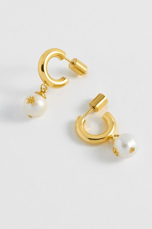 Drop Pearl Hoops With Floral Icon