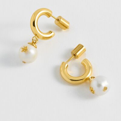 Drop Pearl Hoops With Floral Icon