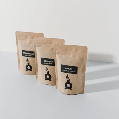 INTRODUCTORY TASTER PACKS , ROAST PACK 3 BAGS , FINE ESPRESSO, STOVETOP