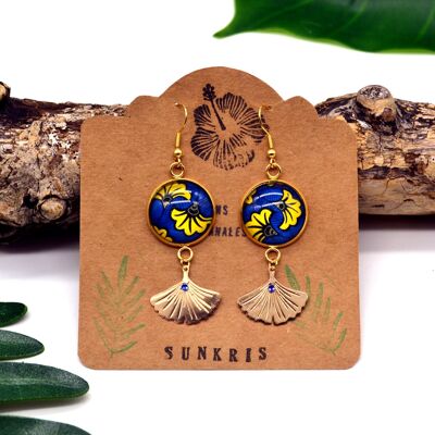 Ethnic earrings wax flowers ginkgo blue yellow golden jewelry woman glass cabochon Africa