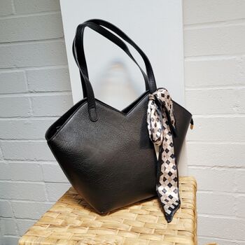 Grand sac à bandoulière fourre-tout pour femme VEGAN PU Leather-Texture Look Fashion Sac à main avec écharpe - 6572 noir 1