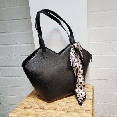 Womens Large shopper Tote  Shoulder Bag VEGAN PU Leather-Texture Look Fashion  Handbag with scarf  - 6572 black