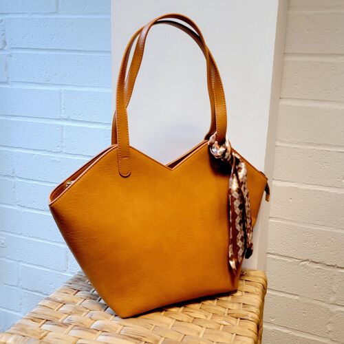 Womens Large shopper Tote  Shoulder Bag VEGAN PU Leather-Texture Look Fashion  Handbag with scarf  - 6572 mustard