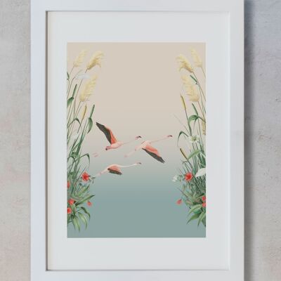 Botanical Watercolor A3 - Landscape Flamingos