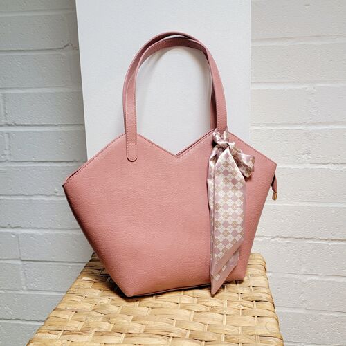 Womens Large shopper Tote  Shoulder Bag VEGAN PU Leather-Texture Look Fashion  Handbag with scarf  - 6572 pink