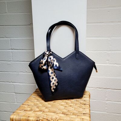 Grand sac à bandoulière fourre-tout pour femme VEGAN PU Leather-Texture Look Fashion Sac à main avec écharpe - 6572 bleu marine
