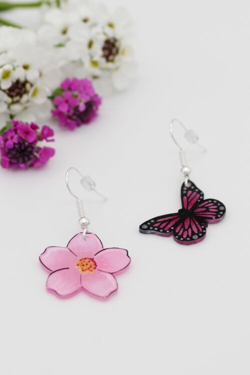 Boucles d'Oreilles Papillon & Fleurs de Cerisier