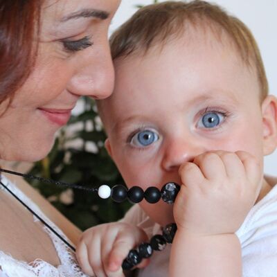 Mom Baby Necklace Black Flowers, Babywearing, Breastfeeding, Bottle Feeding, Teething, Birth Gift