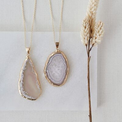Gold Tone Grey Agate Crystal Long Length Statement Necklace