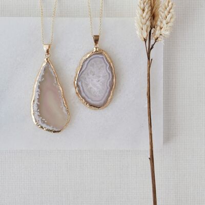 Gold Tone Grey Agate Crystal Long Length Statement Necklace