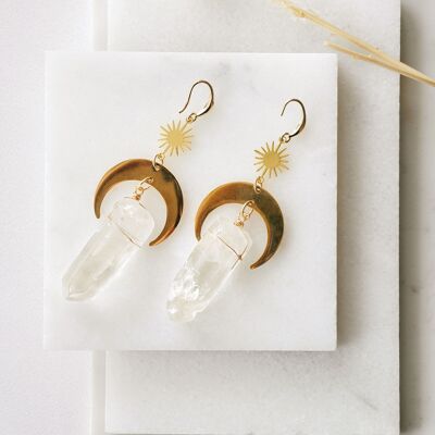 Gold Tone Sun & Moon Raw Cut Clear Quartz Crystal Earrings