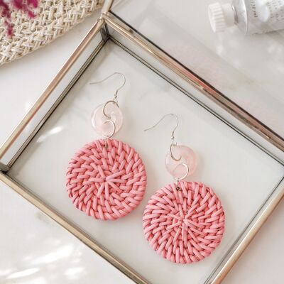 925 Sterling Silver Rose Quartz Pink Rattan Earrings