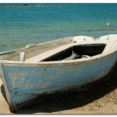 Mural: Blue boat on the beach - landscape format 4:3 - many sizes and materials - exclusive photo art motif as a canvas picture or acrylic glass picture for wall decoration