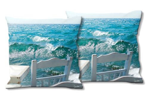 Deko-Foto-Kissen Set (2 Stk.), Motiv: Stühle vor Meer - Größe: 40 x 40 cm - Premium Kissenhülle, Zierkissen, Dekokissen, Fotokissen, Kissenbezug