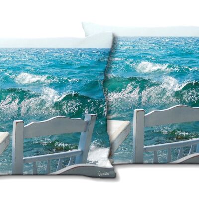 Deko-Foto-Kissen Set (2 Stk.), Motiv: Stühle vor Meer - Größe: 40 x 40 cm - Premium Kissenhülle, Zierkissen, Dekokissen, Fotokissen, Kissenbezug