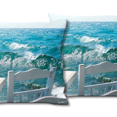 Set di cuscini decorativi con foto (2 pezzi), motivo: sedie di fronte al mare - dimensioni: 40 x 40 cm - fodera per cuscino premium, cuscino decorativo, cuscino decorativo, cuscino fotografico, fodera per cuscino