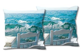 Ensemble de coussins photo décoratifs (2 pièces), motif : chaises devant la mer - taille : 40 x 40 cm - housse de coussin premium, coussin décoratif, coussin décoratif, coussin photo, housse de coussin 1