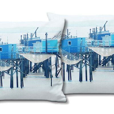 Set di cuscini decorativi con foto (2 pezzi), motivo: case sul molo blu - dimensioni: 40 x 40 cm - fodera per cuscino premium, cuscino decorativo, cuscino decorativo, cuscino fotografico, fodera per cuscino