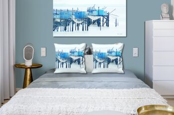 Ensemble de coussins photo décoratifs (2 pièces), motif : maisons de la jetée bleue - taille : 40 x 40 cm - housse de coussin haut de gamme, coussin décoratif, coussin décoratif, coussin photo, housse de coussin 2