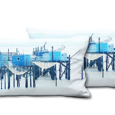 Set di cuscini decorativi con foto (2 pezzi), motivo: case sul molo blu - dimensioni: 80 x 40 cm - fodera per cuscino premium, cuscino decorativo, cuscino decorativo, cuscino fotografico, fodera per cuscino