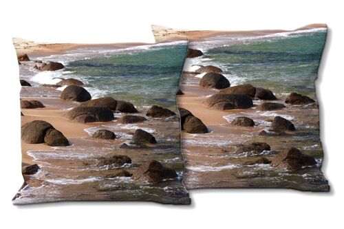 Deko-Foto-Kissen Set (2 Stk.), Motiv: Felsen am Strand - Größe: 40 x 40 cm - Premium Kissenhülle, Zierkissen, Dekokissen, Fotokissen, Kissenbezug