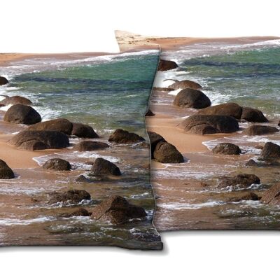 Set di cuscini decorativi con foto (2 pezzi), motivo: rocce sulla spiaggia - dimensioni: 40 x 40 cm - fodera per cuscino premium, cuscino decorativo, cuscino decorativo, cuscino fotografico, fodera per cuscino