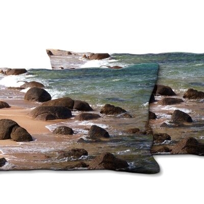 Set di cuscini decorativi con foto (2 pezzi), motivo: rocce sulla spiaggia - dimensioni: 80 x 40 cm - fodera per cuscino premium, cuscino decorativo, cuscino decorativo, cuscino fotografico, fodera per cuscino