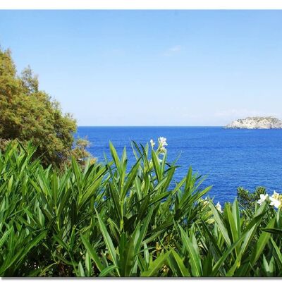 Wandbild: Kreta Oleander über der Bucht - Querformat 4:3 - viele Größen & Materialien – Exklusives Fotokunst-Motiv als Leinwandbild oder Acrylglasbild zur Wand-Dekoration