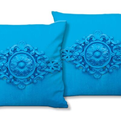 Deko-Foto-Kissen Set (2 Stk.), Motiv: Bleu - Ornamente 1 - Größe: 40 x 40 cm - Premium Kissenhülle, Zierkissen, Dekokissen, Fotokissen, Kissenbezug